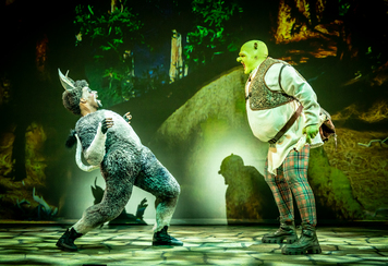 Brandon Lee Sears (Donkey) and Antony Lawrence (Shrek) in Shrek the Musical UK and Ireland Tour 2023-4   - Marc Brenner